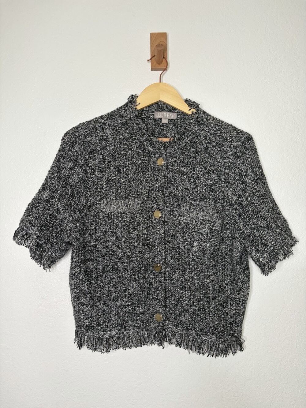 J. Crew Cropped Fringe Trim Lady Jacket in Marled Yarn Black Ivory Size Large